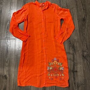 Johnny Was Bright Orange floral embroidered cover up size small button down